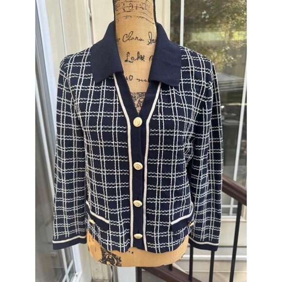 ST JOHN COLLECTION KNIT navy blue grid jacket 6 (JO100 - Picture 1 of 8